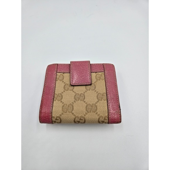 Gucci GG Canvas Pink Leather Trim Trifold Wallet Small Preowned Designer - Picture 2 of 11